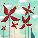 Girl with Flower Windmills Illustration