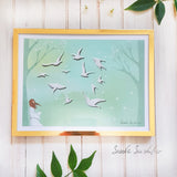 Girl with White Birds Poster