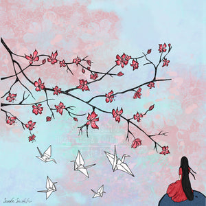Origami Cranes and Cherry Blossom Print